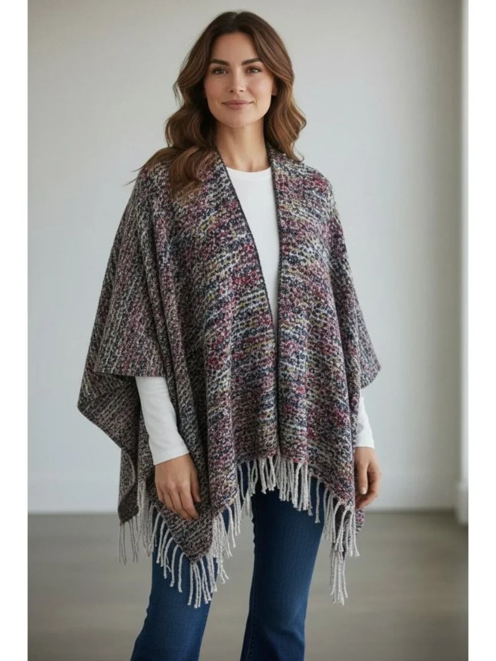 Soft Knit Blanket Shawl Trim Fringe Ruana Wrap Poncho Sweater OS Fall Winter